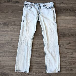 True Religion Ricky Relaxed Straight Jeans Mens 36 Light Wash Flap Pockets Denim